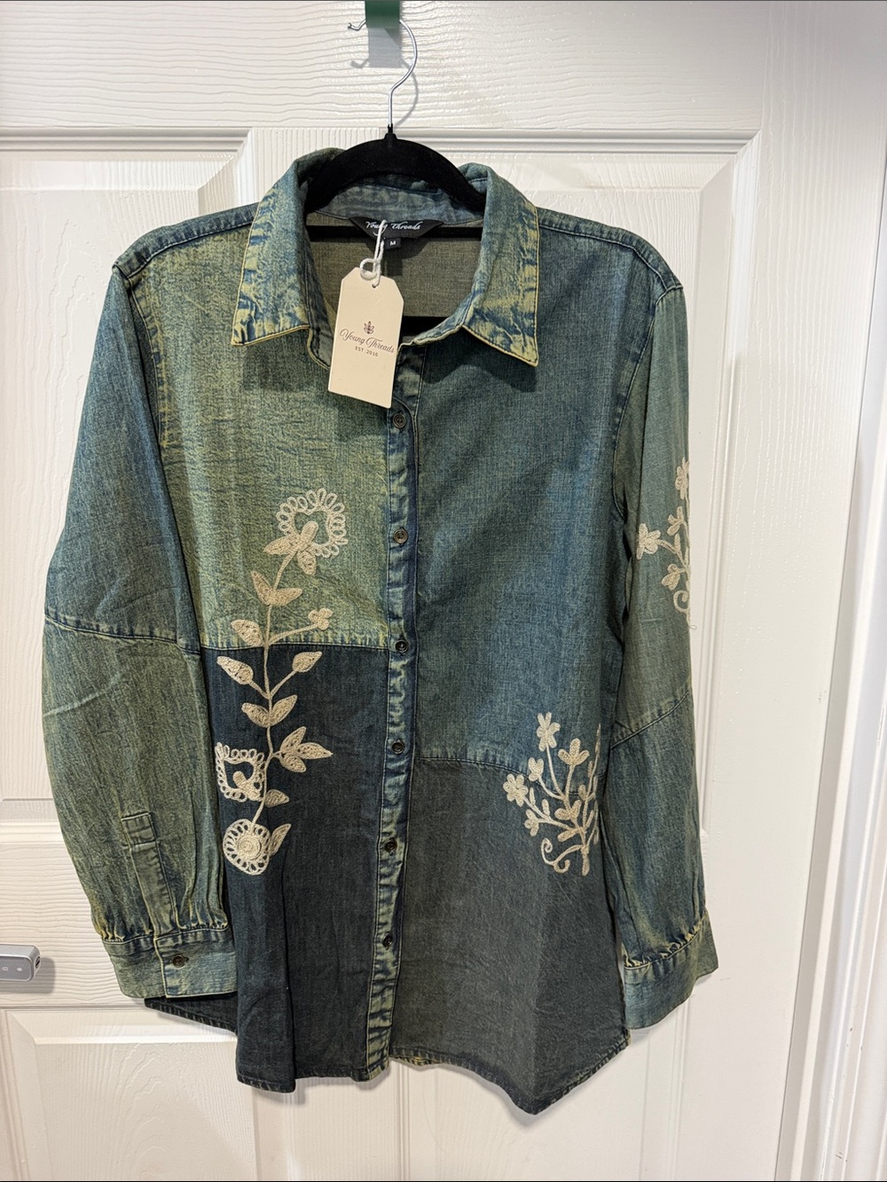 Young Threads Embroidered Patchwork Denim Shirt